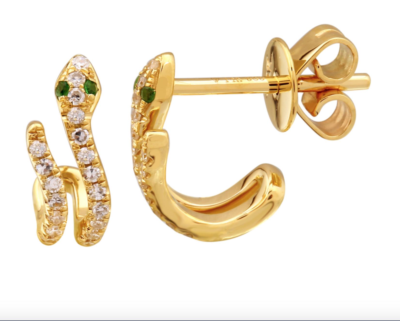 ARETE VIBORA DOBLE CON BRILLANTES Y OJOS ESMERALDAS ORO AMARILLO 14K