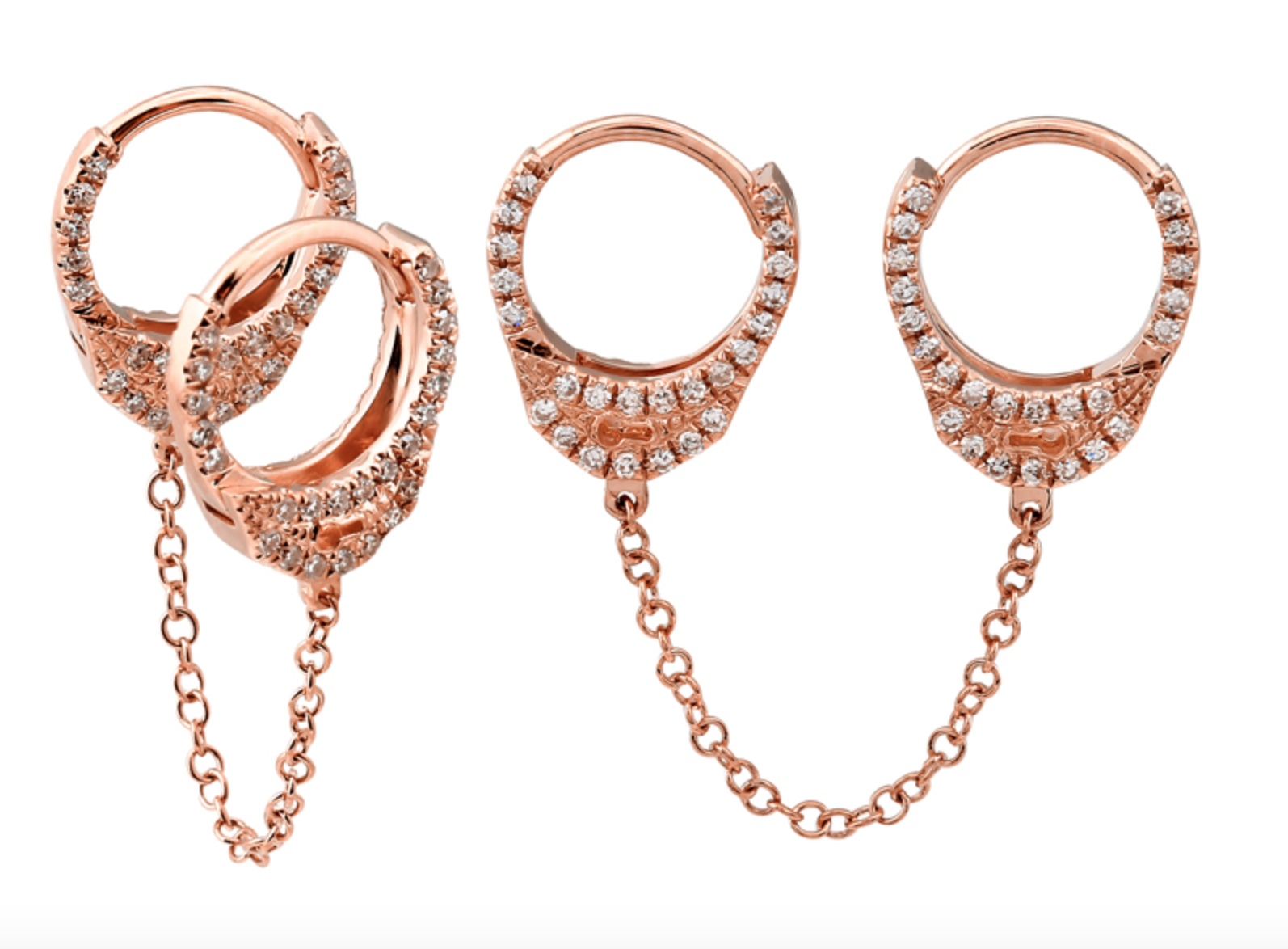 ARRACADAS ESPOSAS CADENA LARGA Y BRILLANTES ORO ROSADO 14K
