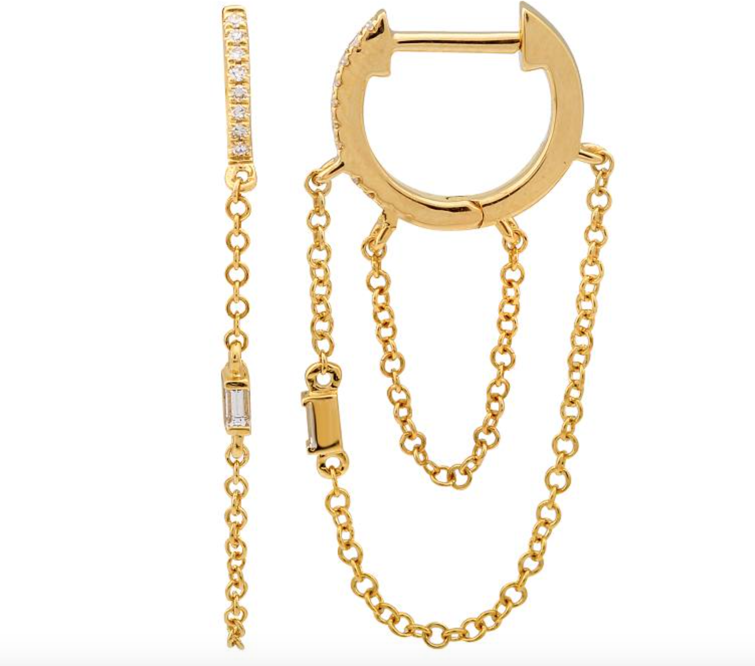 ARRACADA DOBLE CADENA BRILLANTES/BAGUETTE ORO AMARILLO 14K 10MM