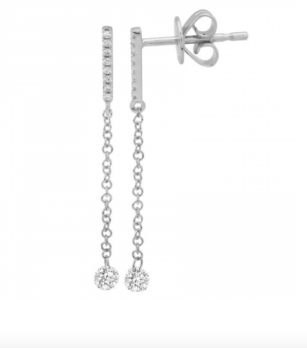 ARETE BARRA BRILLANTES, CADENA LARGA CON BRILLANTE COLGANDO ORO BLANCO 14K