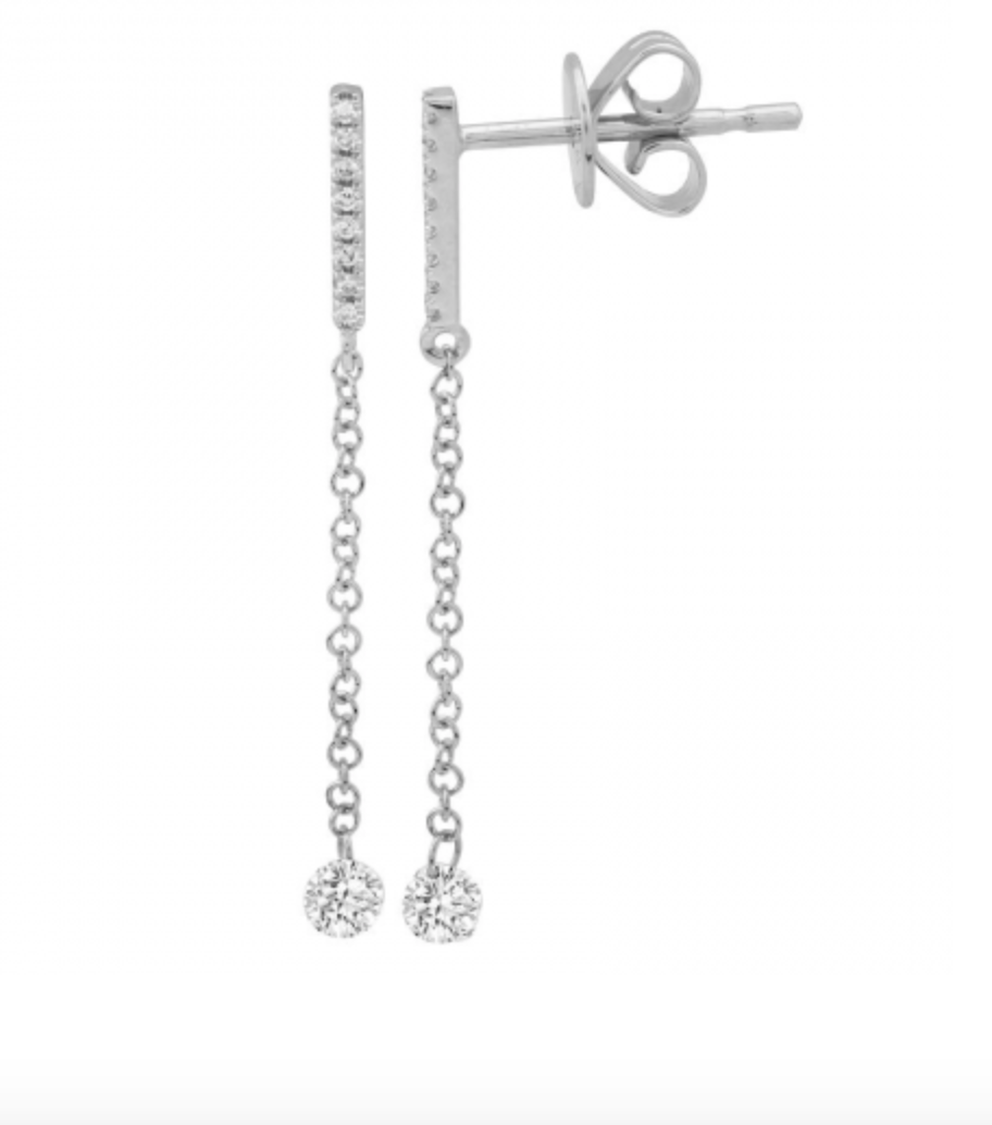 ARETE BARRA BRILLANTES, CADENA LARGA CON BRILLANTE COLGANDO ORO BLANCO 14K