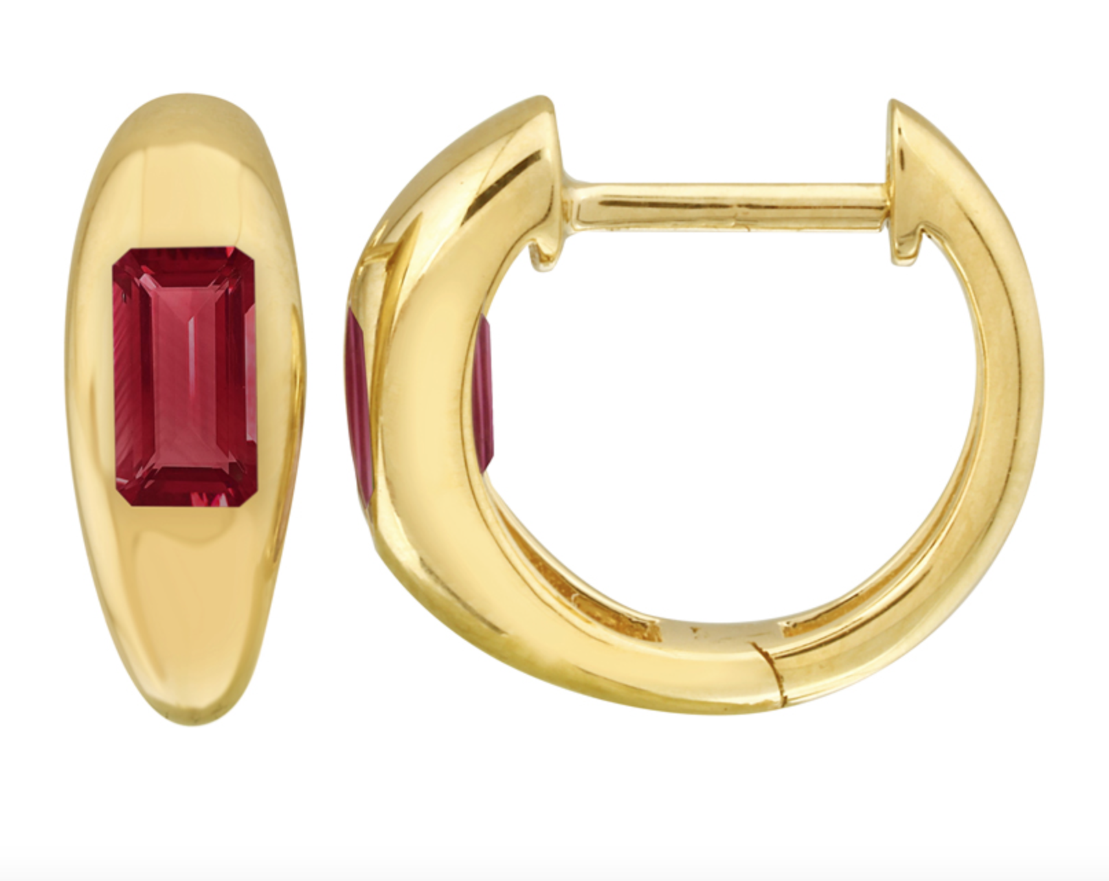 PAR DE ARRACADAS LISAS GRUESAS CON RUBI CORTE ESMERALDA (.75 PUNTOS) ORO AMARILLO 14K 12MM