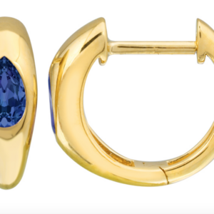 PAR DE ARRACADAS LISAS GRUESAS CON ZAFIRO CORTE GOTA (.56 PUNTOS) ORO AMARILLO 14K 12MM