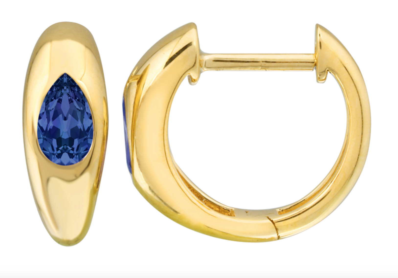 PAR DE ARRACADAS LISAS GRUESAS CON ZAFIRO CORTE GOTA (.56 PUNTOS) ORO AMARILLO 14K 12MM