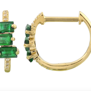 ARRACADA BRILLANTES CON TRES BAGUETTES DE ESMERALDAS ORO AMARILLO 14K  11MM