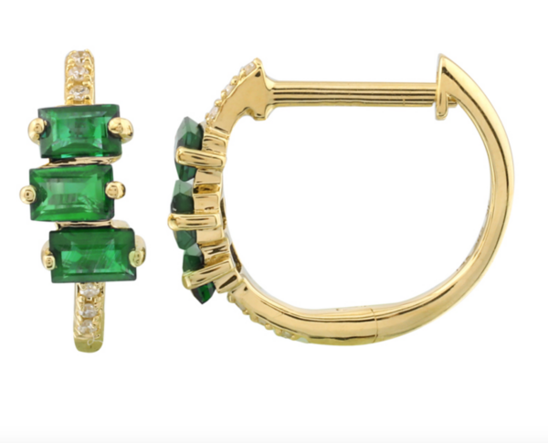 ARRACADA BRILLANTES CON TRES BAGUETTES DE ESMERALDAS ORO AMARILLO 14K  11MM