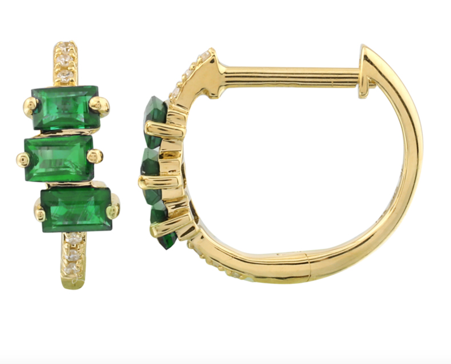 ARRACADA BRILLANTES CON TRES BAGUETTES DE ESMERALDAS ORO AMARILLO 14K  11MM