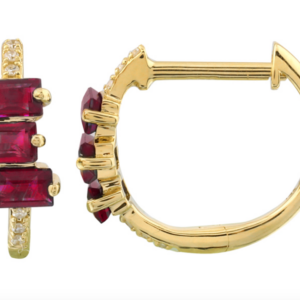 ARRACADA BRILLANTES CON TRES BAGUETTES DE RUBIES ORO AMARILLO 14K 11MM