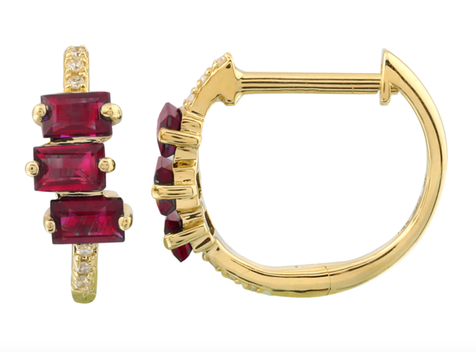 ARRACADA BRILLANTES CON TRES BAGUETTES DE RUBIES ORO AMARILLO 14K 11MM