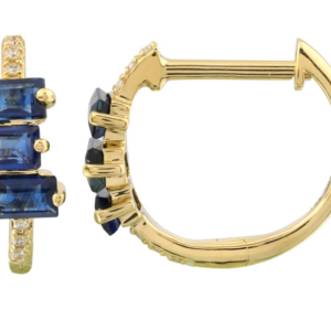 ARRACADA BRILLANTES CON TRES BAGUETTES DE ZAFIROS ORO AMARILLO 14K 11MM