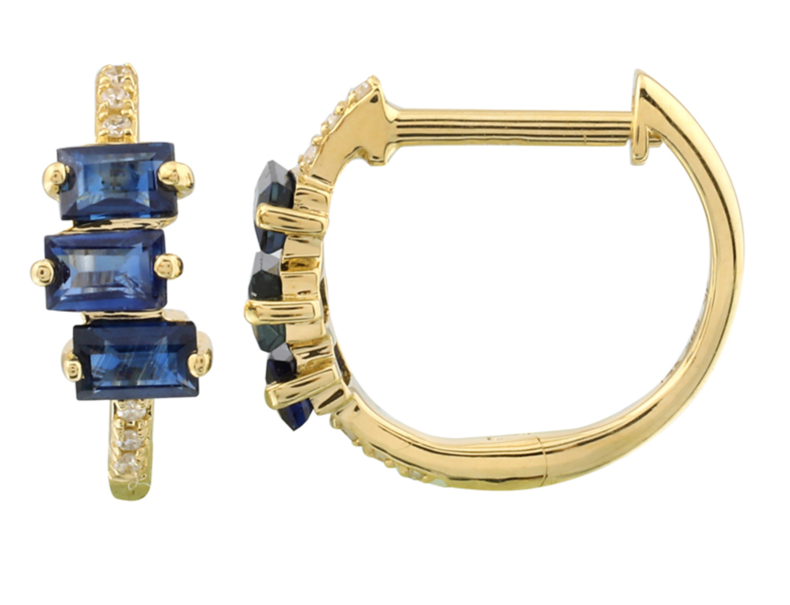 ARRACADA BRILLANTES CON TRES BAGUETTES DE ZAFIROS ORO AMARILLO 14K 11MM