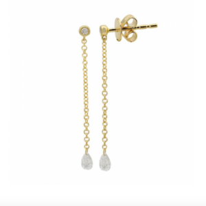 ARETE BRILLANTE EN BISEL CON CADENA COLGANTE Y DIAMANTE EN GOTA AL FINAL ORO AMARILLO 14K