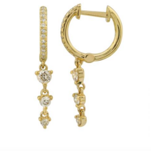 ARRACADA BRILLANTES CON TRES BRILLANTES COLGANDO EN LINEA RECTA ORO AMARILLO 14K 11MM