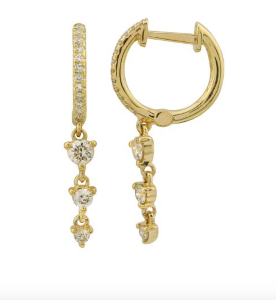 ARRACADA BRILLANTES CON TRES BRILLANTES COLGANDO EN LINEA RECTA ORO AMARILLO 14K 11MM