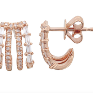 PAR DE AEETES CAGE 4 HILERAS COMBINACIÓN DE BRILLANTES Y BAGUETTES ORO ROSADO 14K