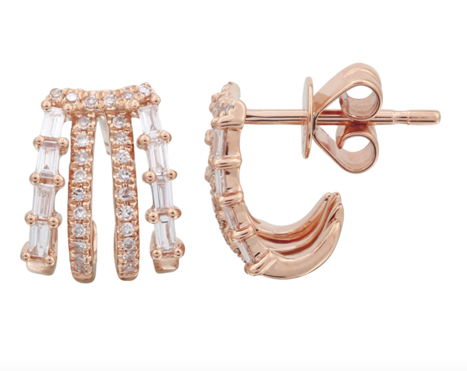 PAR DE AEETES CAGE 4 HILERAS COMBINACIÓN DE BRILLANTES Y BAGUETTES ORO ROSADO 14K