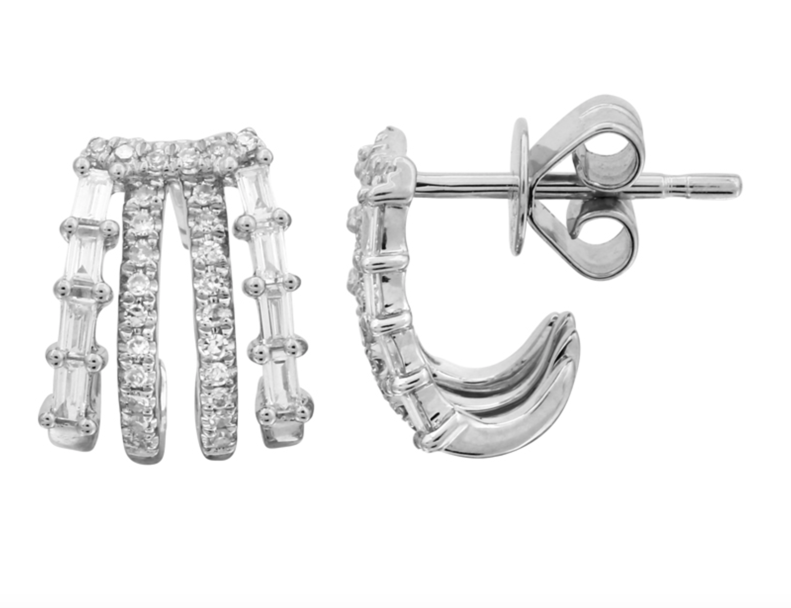 PAR DE AEETES CAGE 4 HILERAS COMBINACIÓN DE BRILLANTES Y BAGUETTES ORO BLANCO 14K