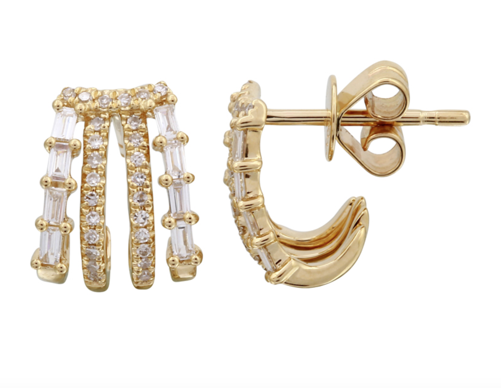 PAR DE AEETES CAGE 4 HILERAS COMBINACIÓN DE BRILLANTES Y BAGUETTES ORO AMARILLO 14K